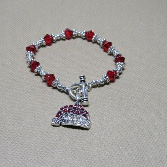 Bracelet Red Cone Faceted Bead Silver-Tone Toggle - Picture 1 of 7